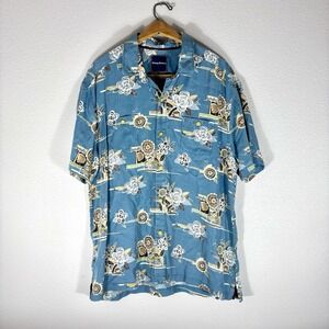 Tommy Bahama Mens Blue‎ Hawaiian Floral Tropical Camp Shirt Beach Vacation XL
